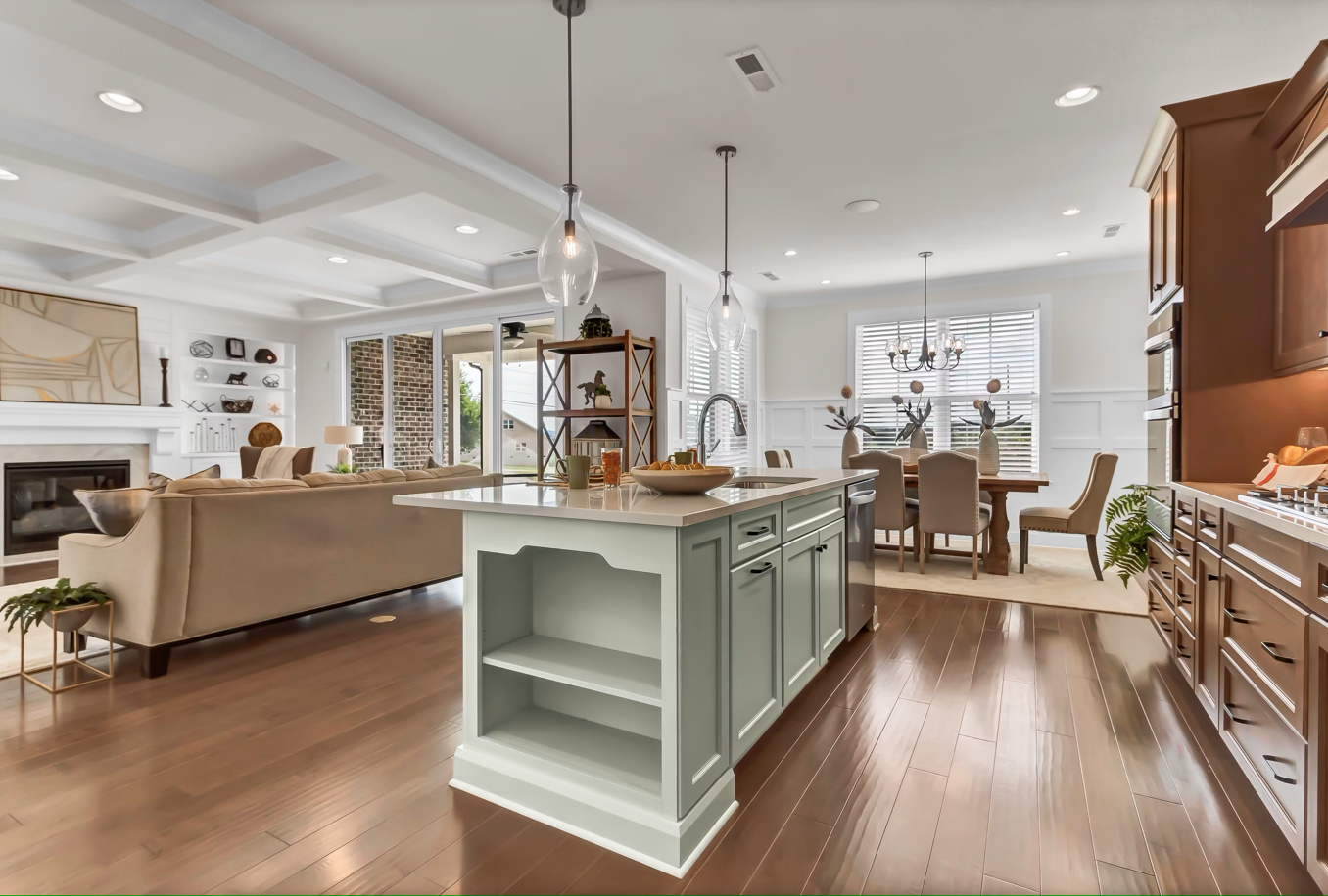 Home interior photo featuring popular design selections including shelving, a fireplace, medium hardwood, and wall paneling.